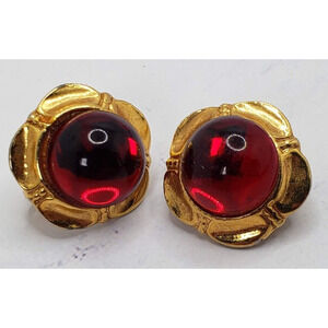Flower Clip on Vintage Gold Tone Earrings with Red stone